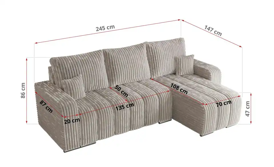 Ecksofa Hellgrau, Bemaßung
