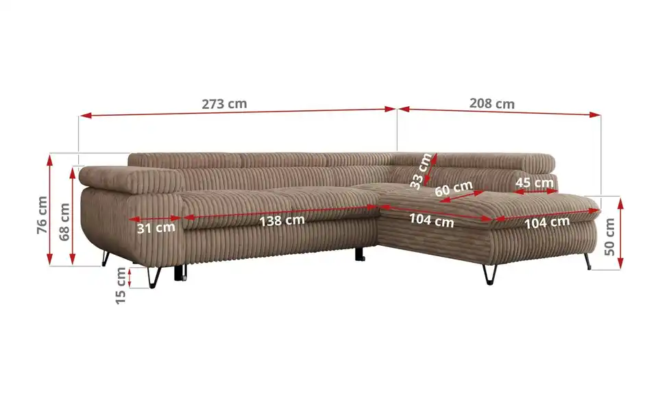 Ecksofa Braun Peter, Bemaßung