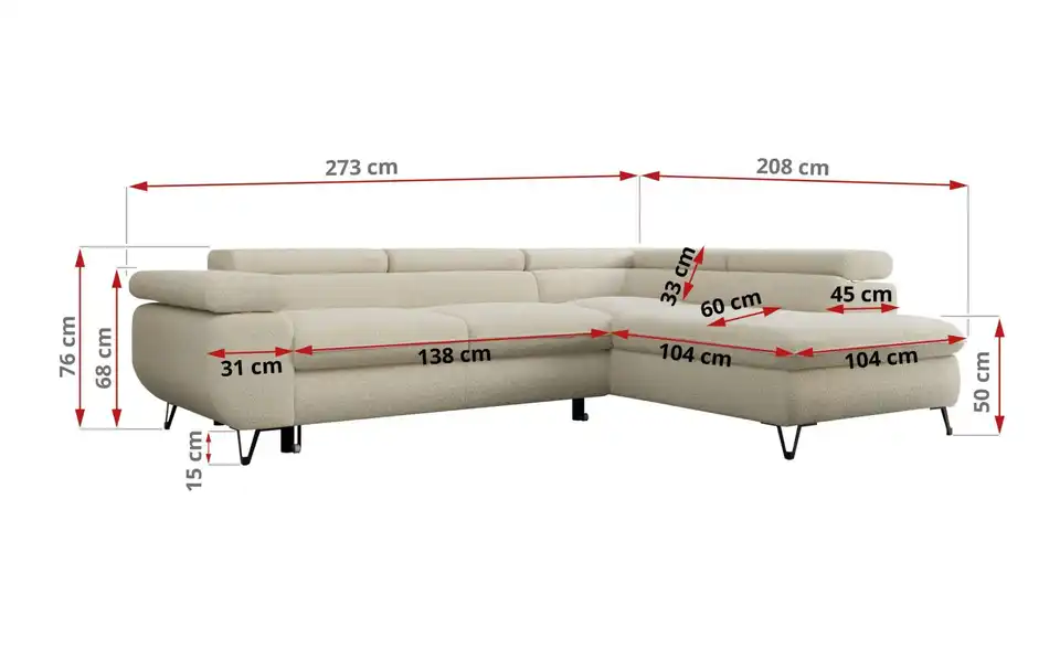 Ecksofa Beige Peter, Bemaßung