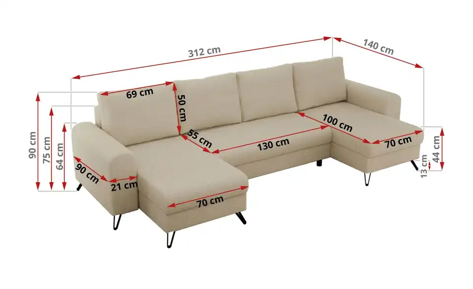 Wohnlandschaft Beige, Bemaßung