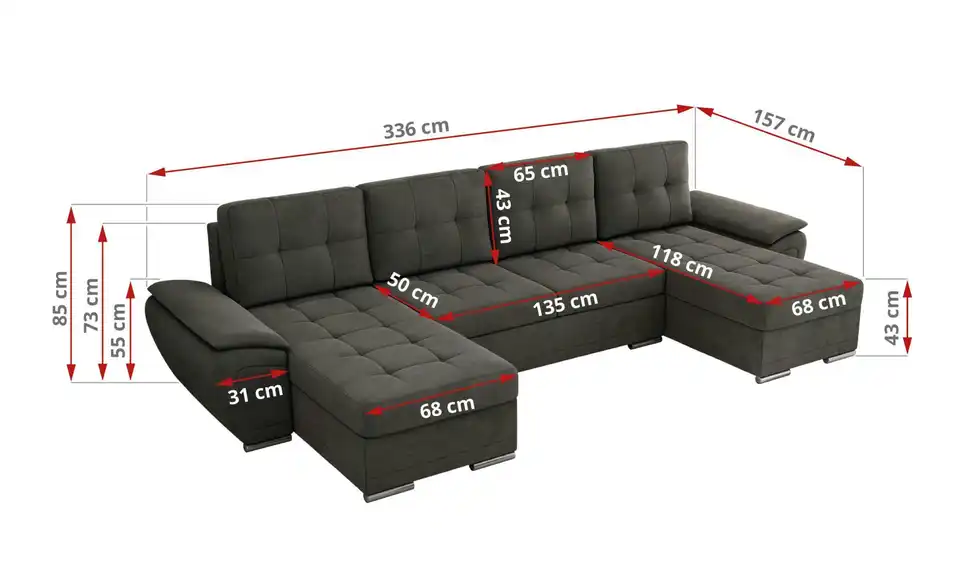 Wohnlandschaft Dunkelgrau, Bemaßung