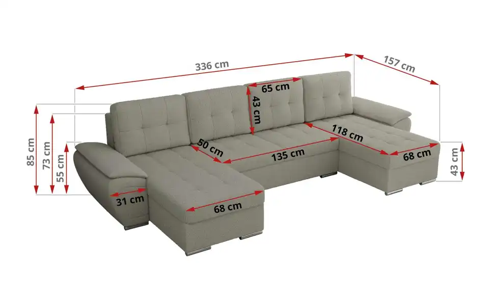 Wohnlandschaft Hellgrau, Bemaßung