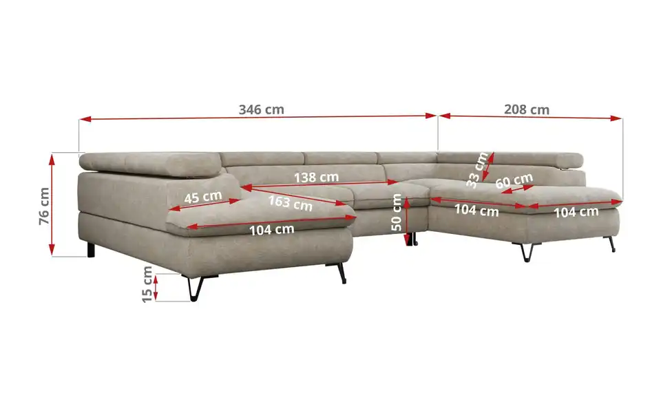 Wohnlandschaft Beige, Bemaßung