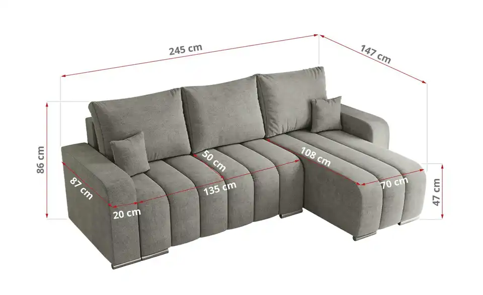 Ecksofa Grau, Bemaßung
