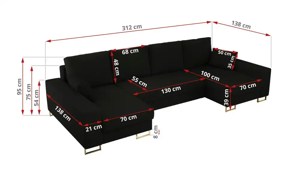Wohnlandschaft Schwarz, Bemaßung