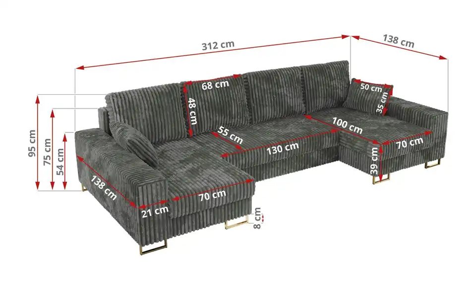 Wohnlandschaft Dunkelgrau, Bemaßung