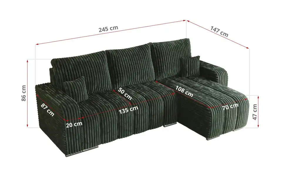 Ecksofa Grün, Bemaßung
