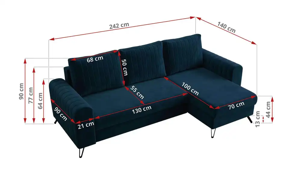 Ecksofa Royalblau, Bemaßung