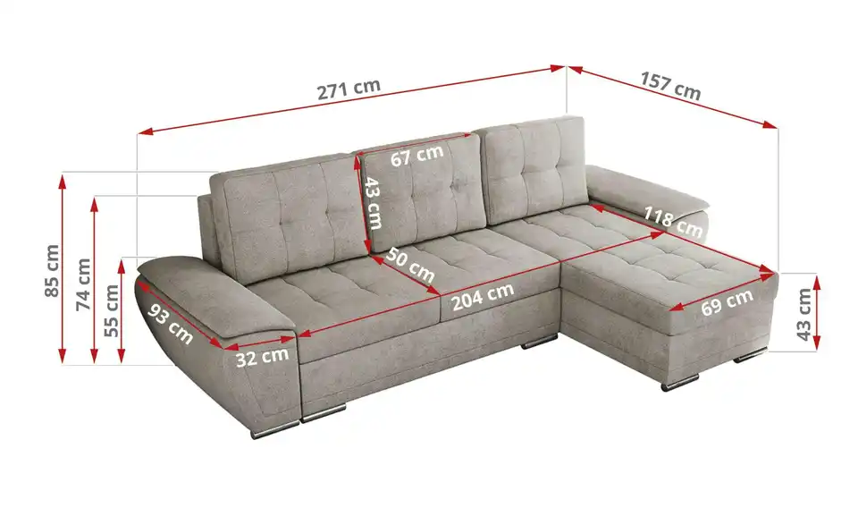 Ecksofa Hellgrau, Bemaßung