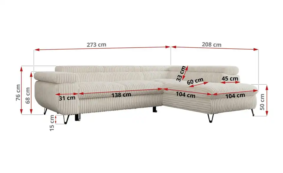 Ecksofa Beige Peter, Bemaßung