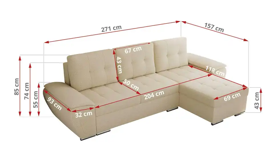 Ecksofa Beige, Bemaßung
