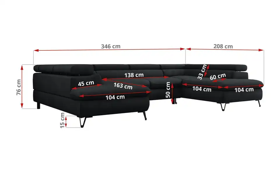 Wohnlandschaft Schwarz, Bemaßung