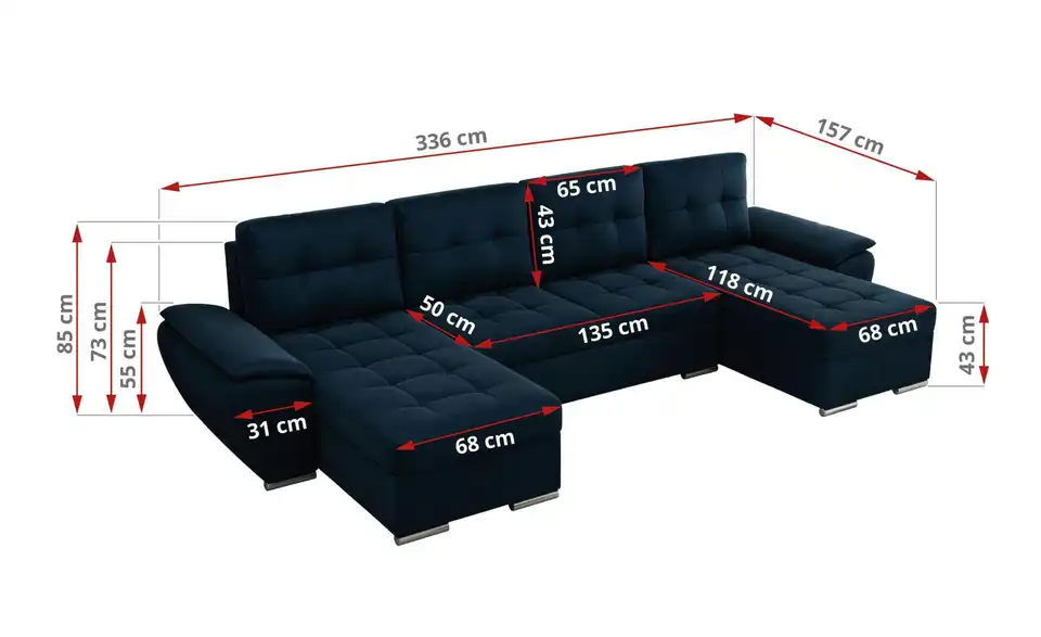 Wohnlandschaft Dunkelblau, Bemaßung