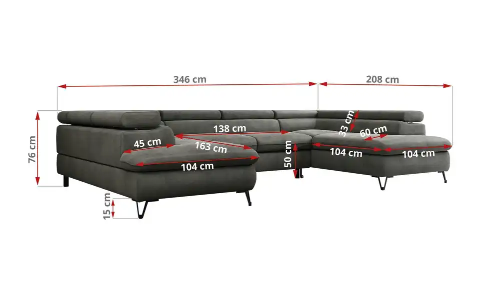 Wohnlandschaft Dunkelgrau, Bemaßung