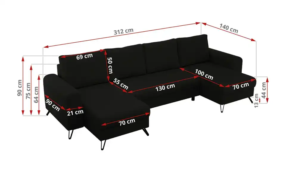 Wohnlandschaft Schwarz, Bemaßung