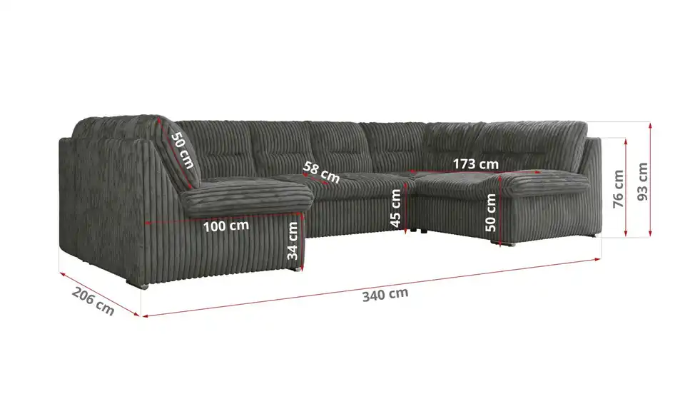 Wohnlandschaft Dunkelgrau, Bemaßung