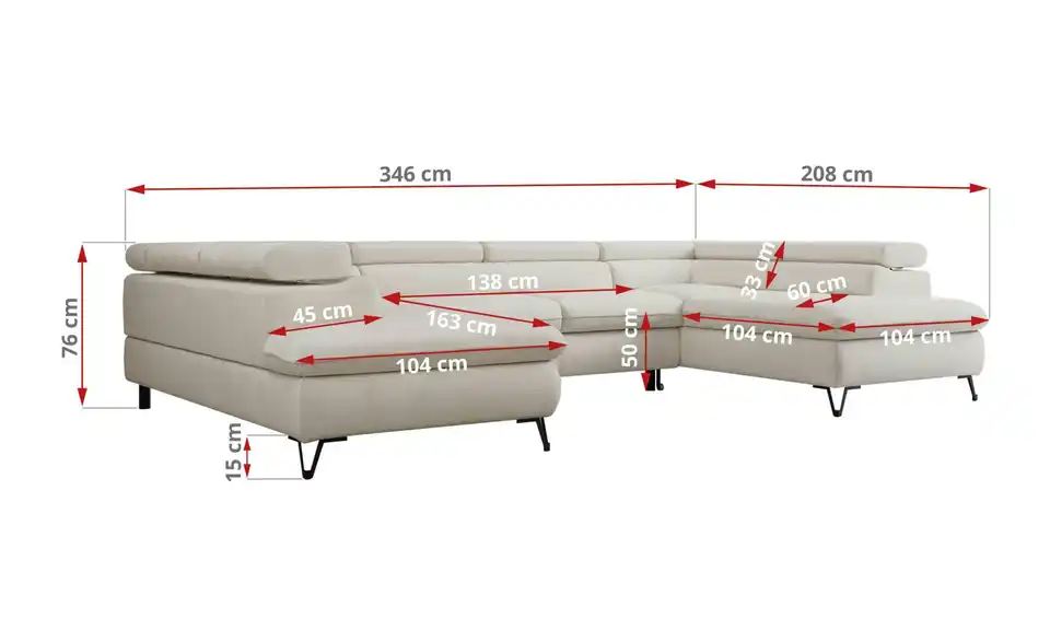Wohnlandschaft Creme, Bemaßung