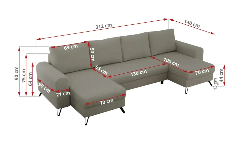 Wohnlandschaft Hellgrau, Bemaßung
