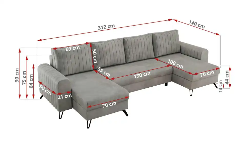 Wohnlandschaft Hellgrau, Bemaßung