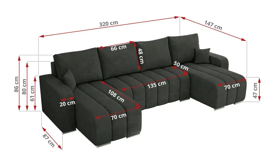 Wohnlandschaft Dunkelgrau, Bemaßung