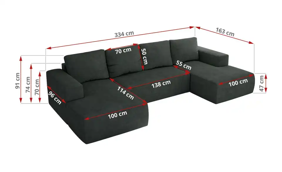 Wohnlandschaft Dunkelgrau, Bemaßung
