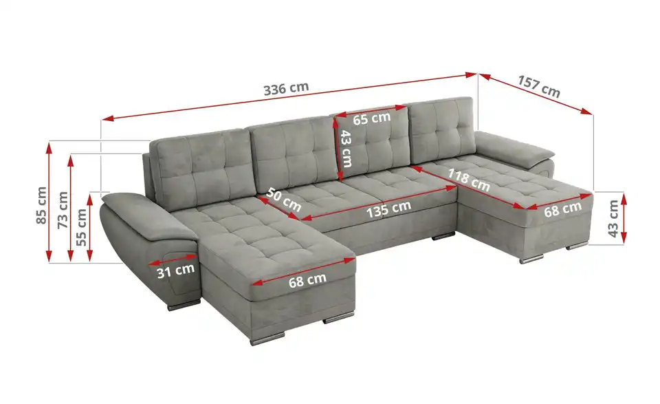 Wohnlandschaft Hellgrau, Bemaßung