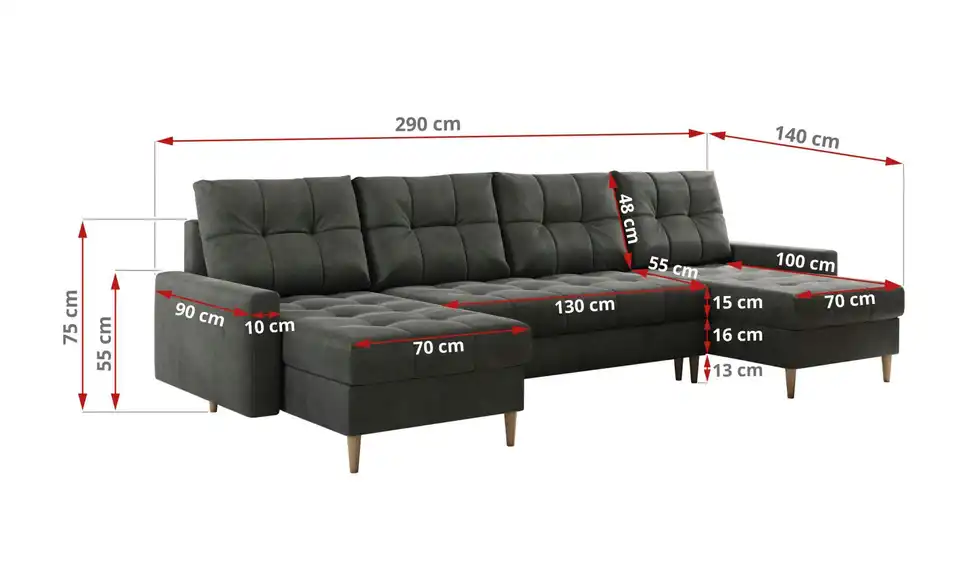 Wohnlandschaft Dunkelgrau, Bemaßung