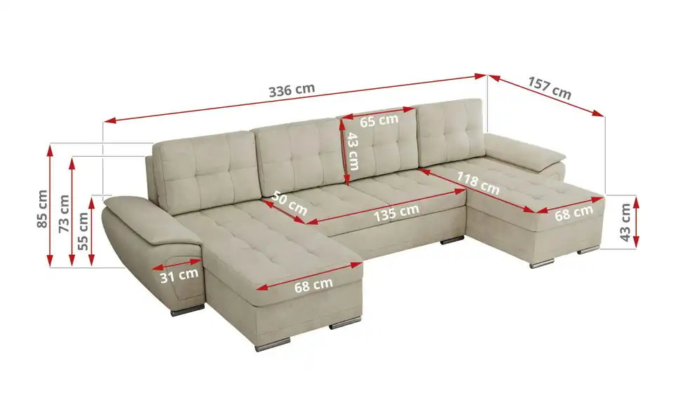 Wohnlandschaft Beige, Bemaßung