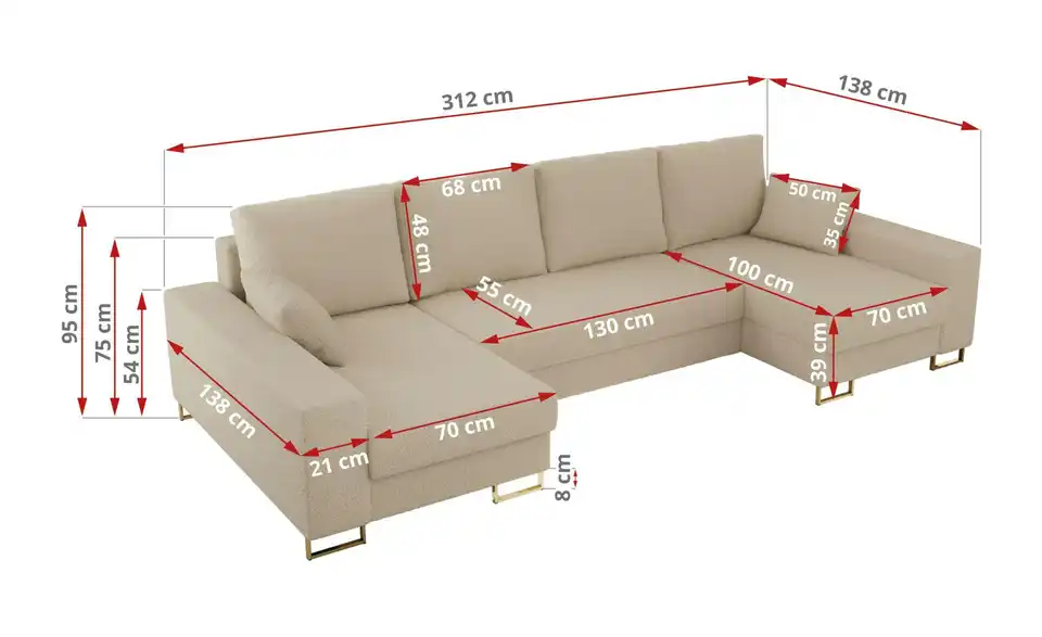 Wohnlandschaft Beige, Bemaßung