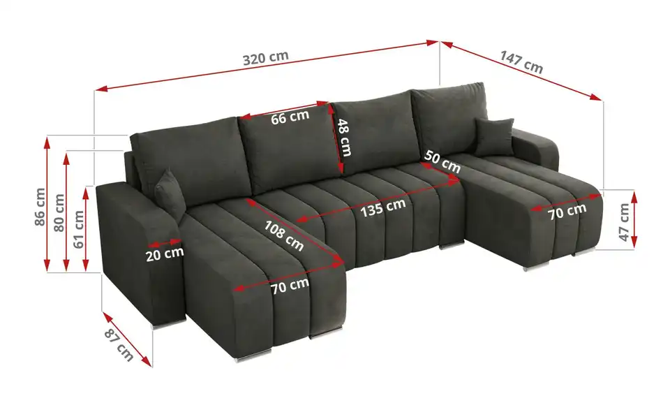 Wohnlandschaft Dunkelgrau, Bemaßung