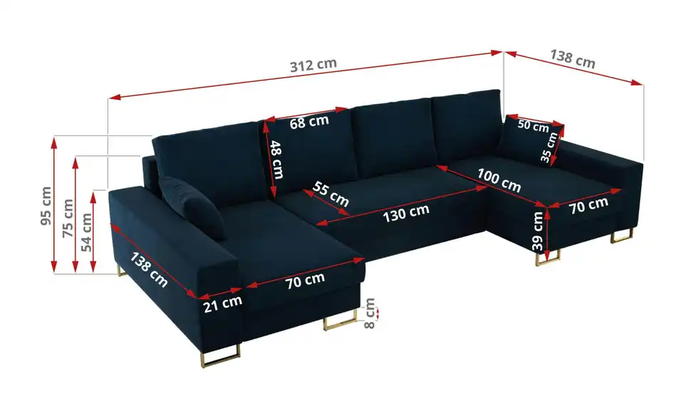 Wohnlandschaft Dunkelblau, Bemaßung
