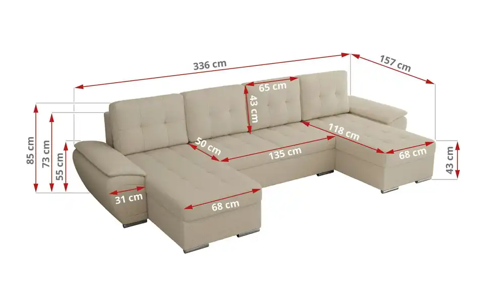 Wohnlandschaft Beige, Bemaßung