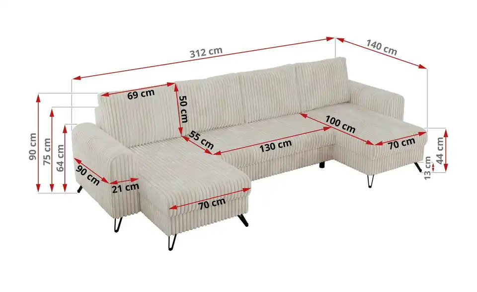 Wohnlandschaft Beige, Bemaßung