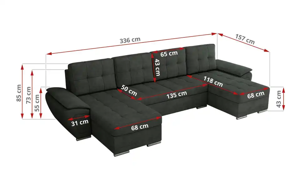 Wohnlandschaft Dunkelgrau, Bemaßung
