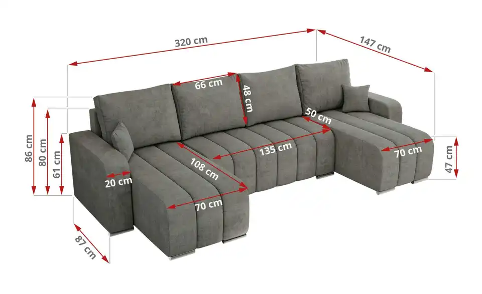 Wohnlandschaft Grau, Bemaßung