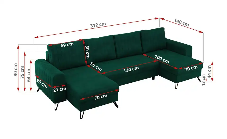 Wohnlandschaft Dunkelgrün, Bemaßung