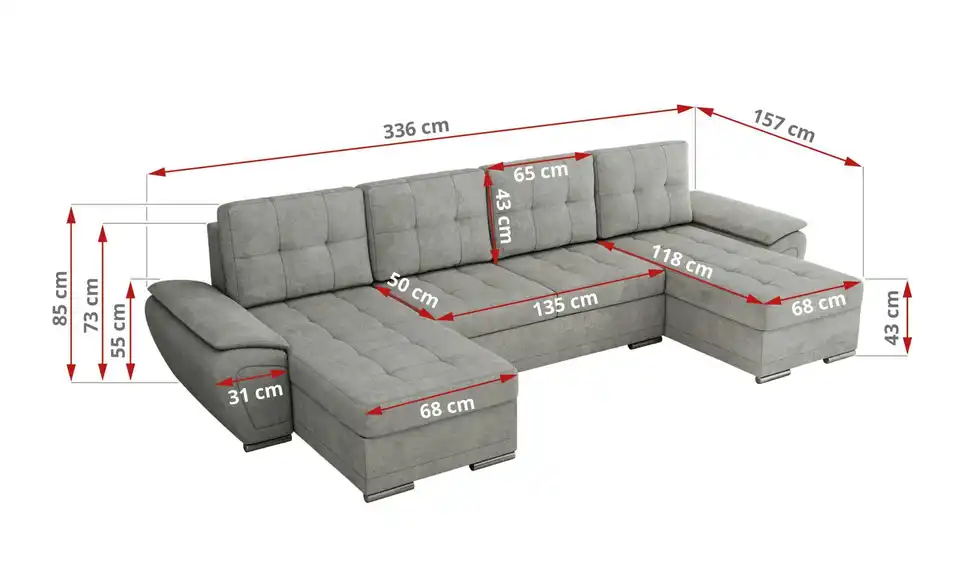 Wohnlandschaft Hellgrau, Bemaßung