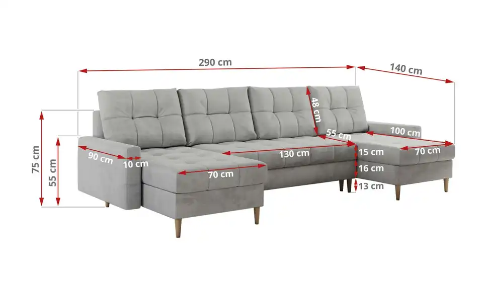 Wohnlandschaft Hellgrau, Bemaßung