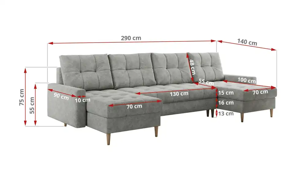 Wohnlandschaft Hellgrau, Bemaßung
