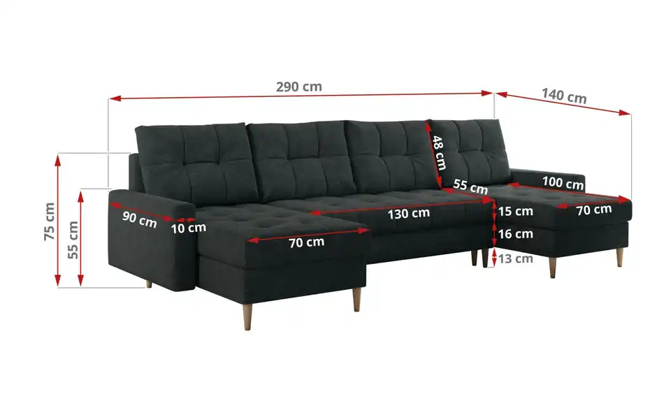 Wohnlandschaft Dunkelgrau, Bemaßung