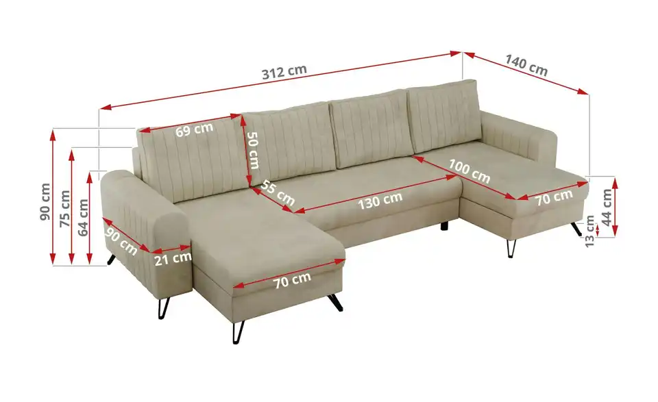 Wohnlandschaft Beige, Bemaßung