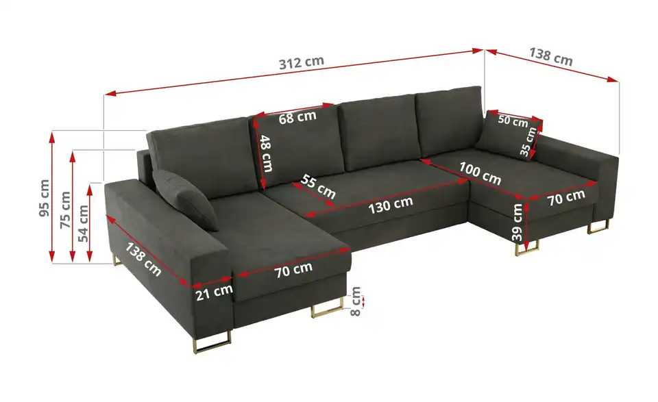 Wohnlandschaft Dunkelgrau, Bemaßung