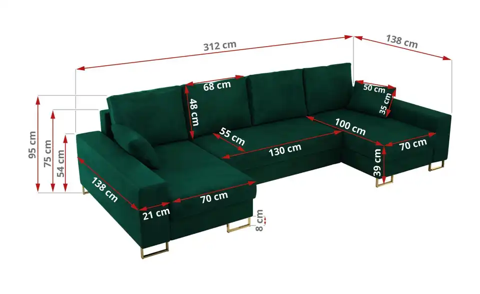 Wohnlandschaft Dunkelgrün, Bemaßung