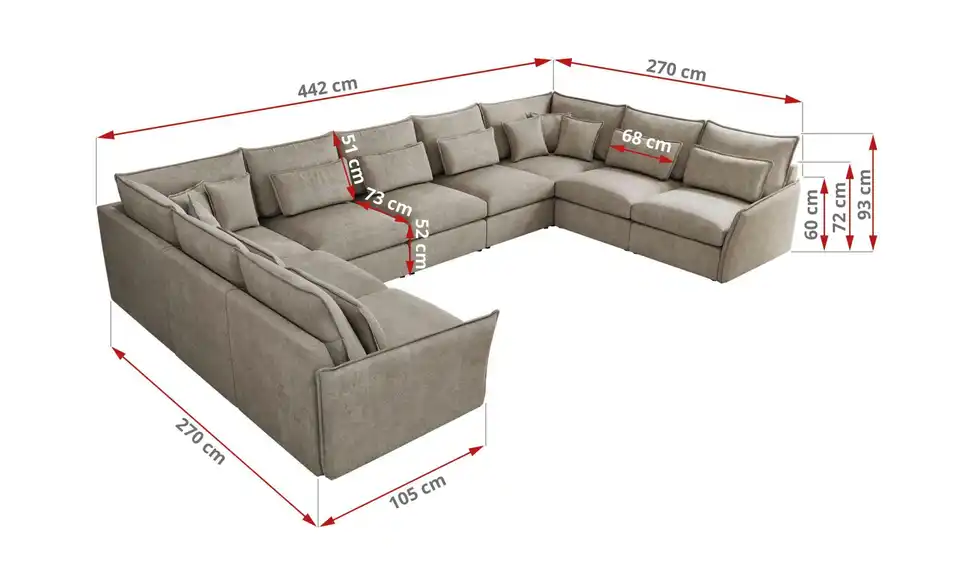 Wohnlandschaft Hellbraun, Bemaßung