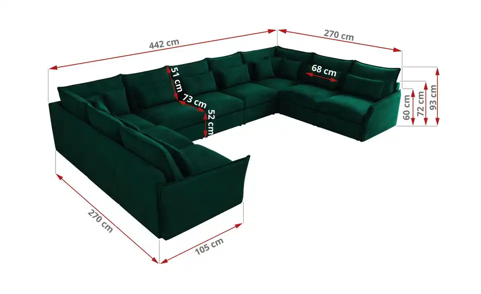 Wohnlandschaft Dunkelgrün, Bemaßung