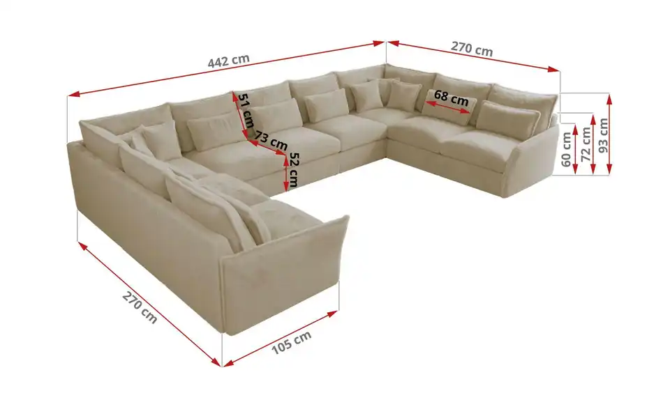 Wohnlandschaft Creme, Bemaßung