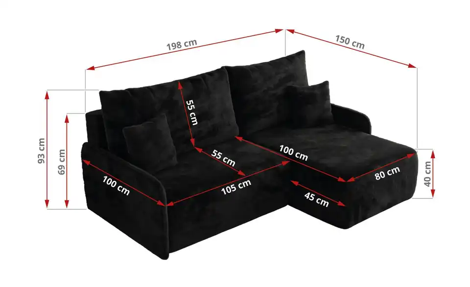 Ecksofa Arpa mit Schlaffunktion, Bemaßung