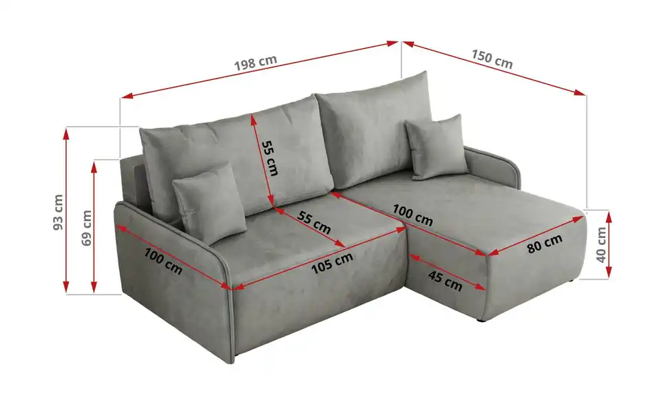 Ecksofa Arpa mit Schlaffunktion, Bemaßung