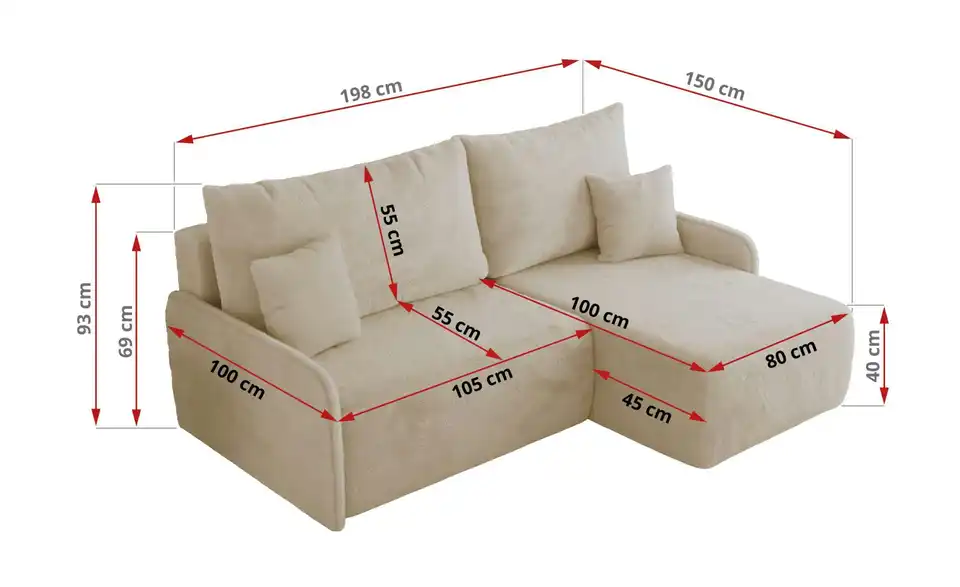 Ecksofa Arpa mit Schlaffunktion, Bemaßung