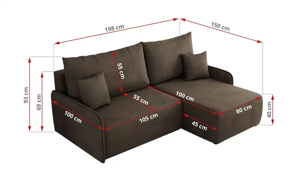Ecksofa Arpa mit Schlaffunktion, Bemaßung